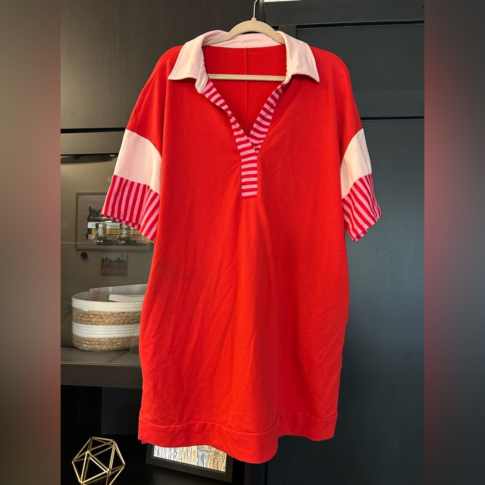 Red Polo-Style Mini Dress with Pink Stripe Accents